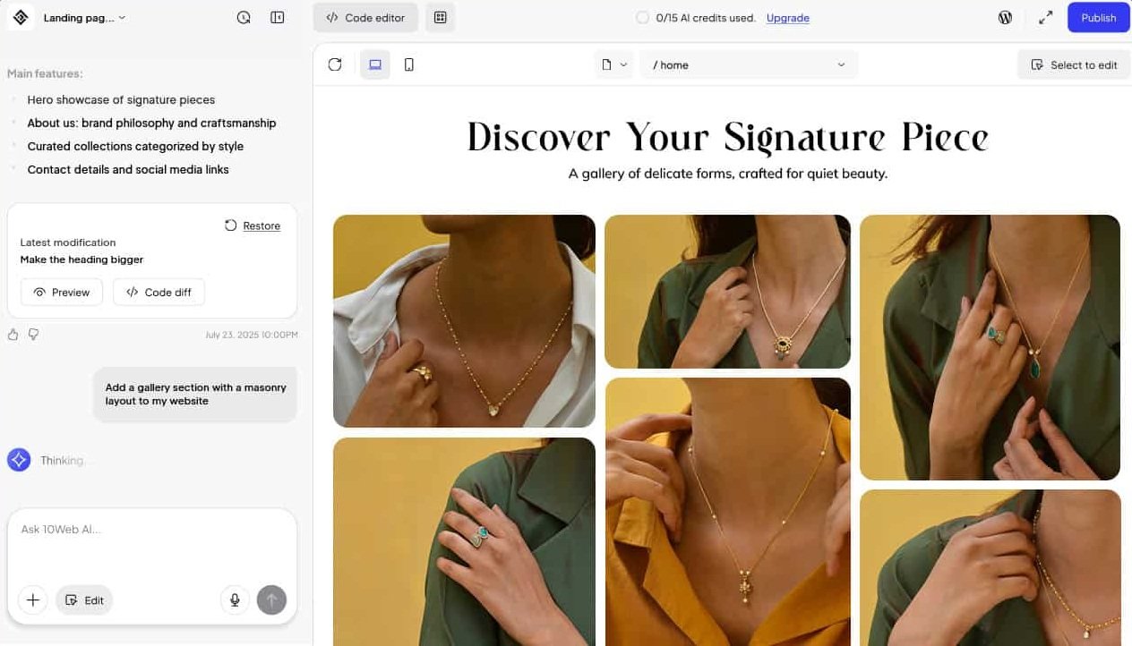 10Web AI Elementor Website Editor Interface