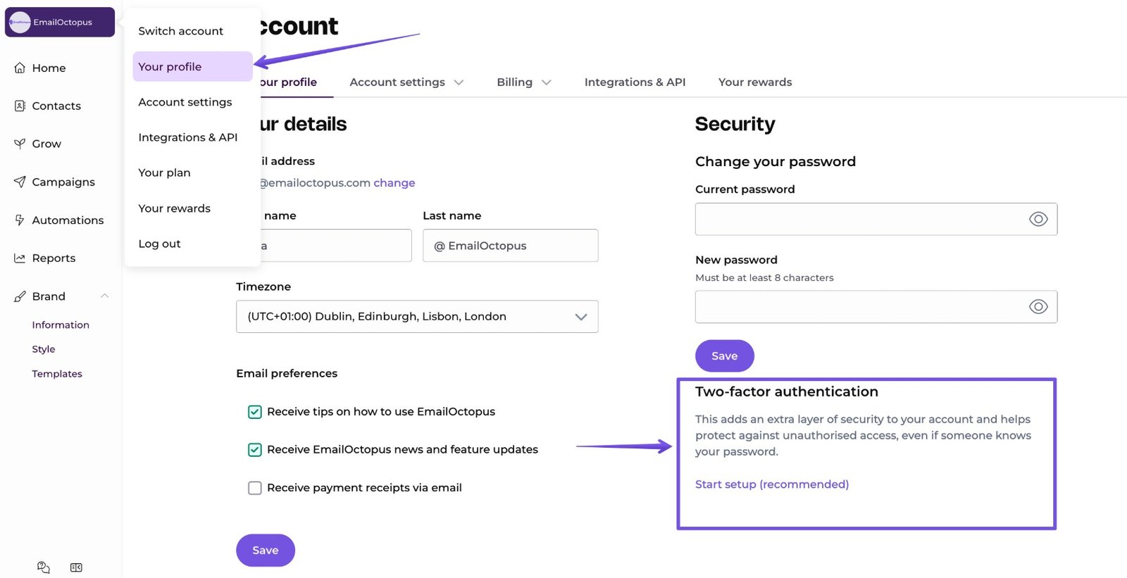 EmailOctopus UI displaying list management