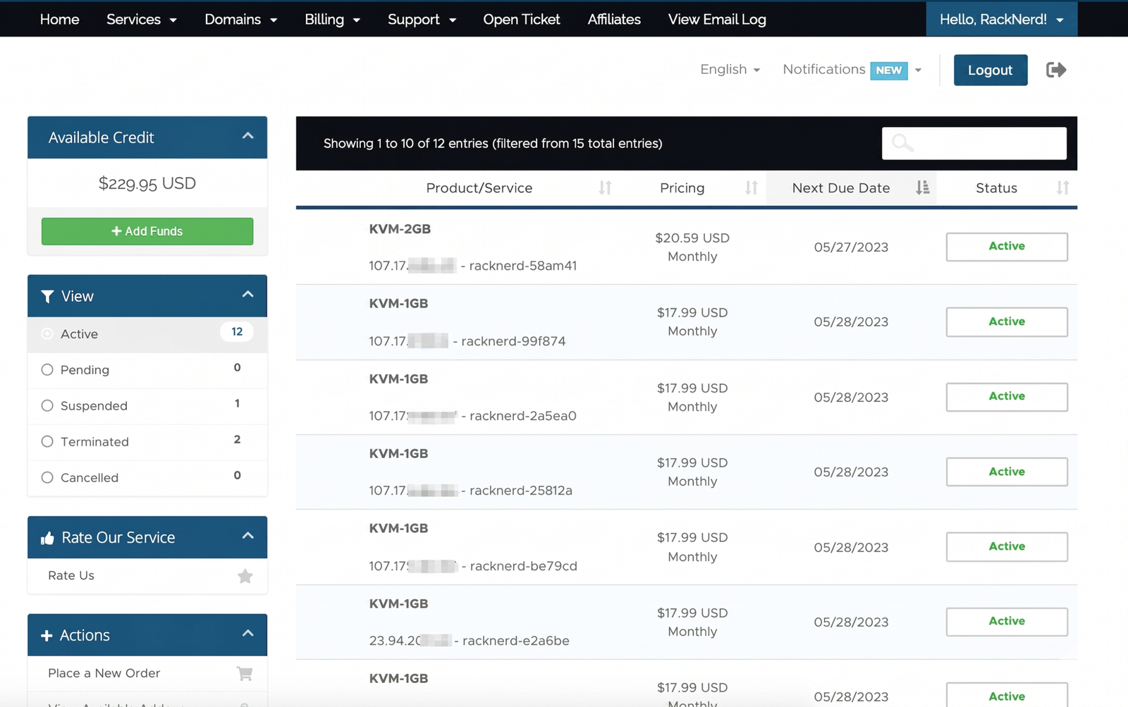 RackNerd Service List