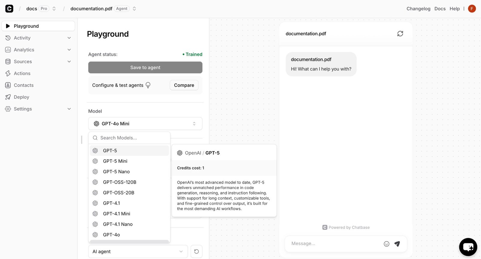 Chatbase AI Actions setup screen connecting Calendly, Stripe, and a lead-capture form