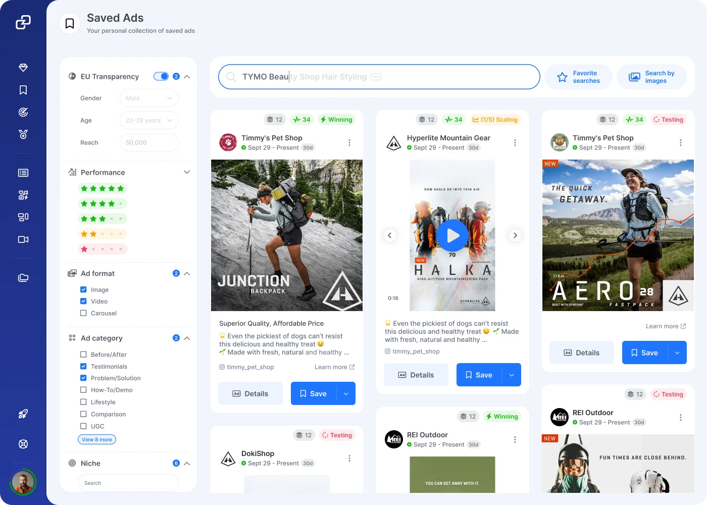 GetHookd ad library dashboard showing filtered competitor creatives