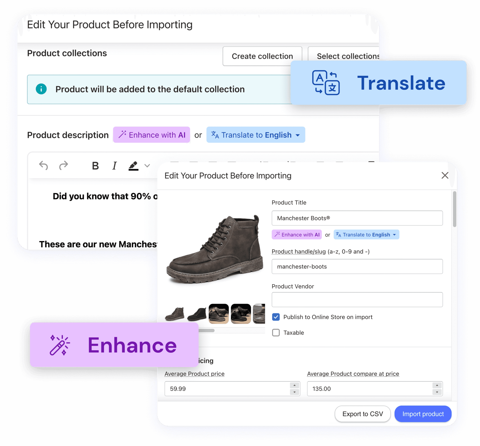 Kopy dashboard importing a product from a URL into Shopify