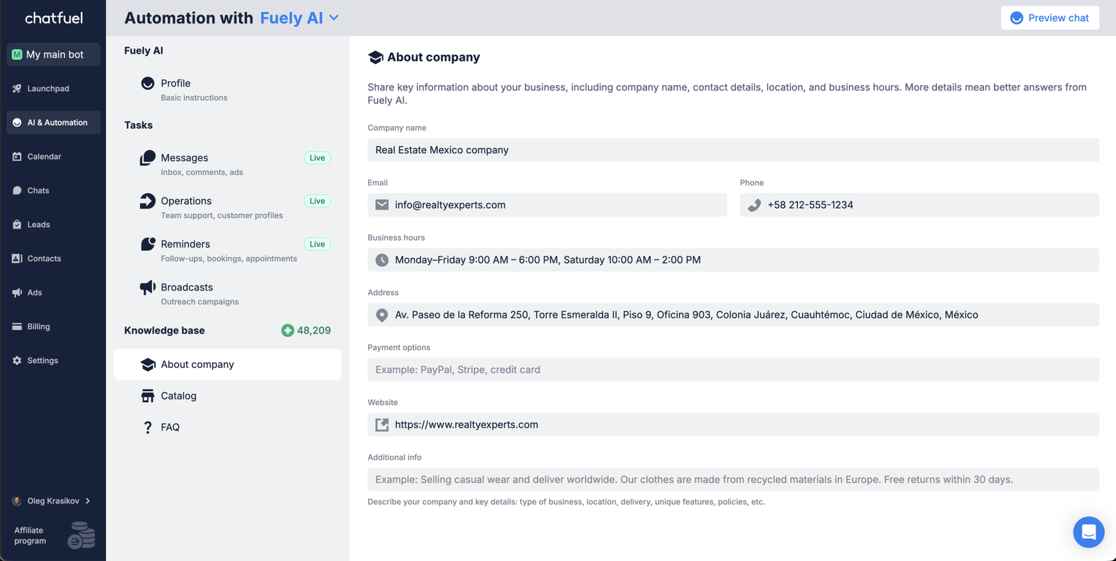 Chatfuel dashboard showing WhatsApp automation flows and lead qualification