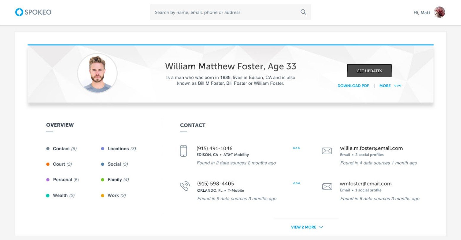 Spokeo people search results page showing an aggregated profile summary