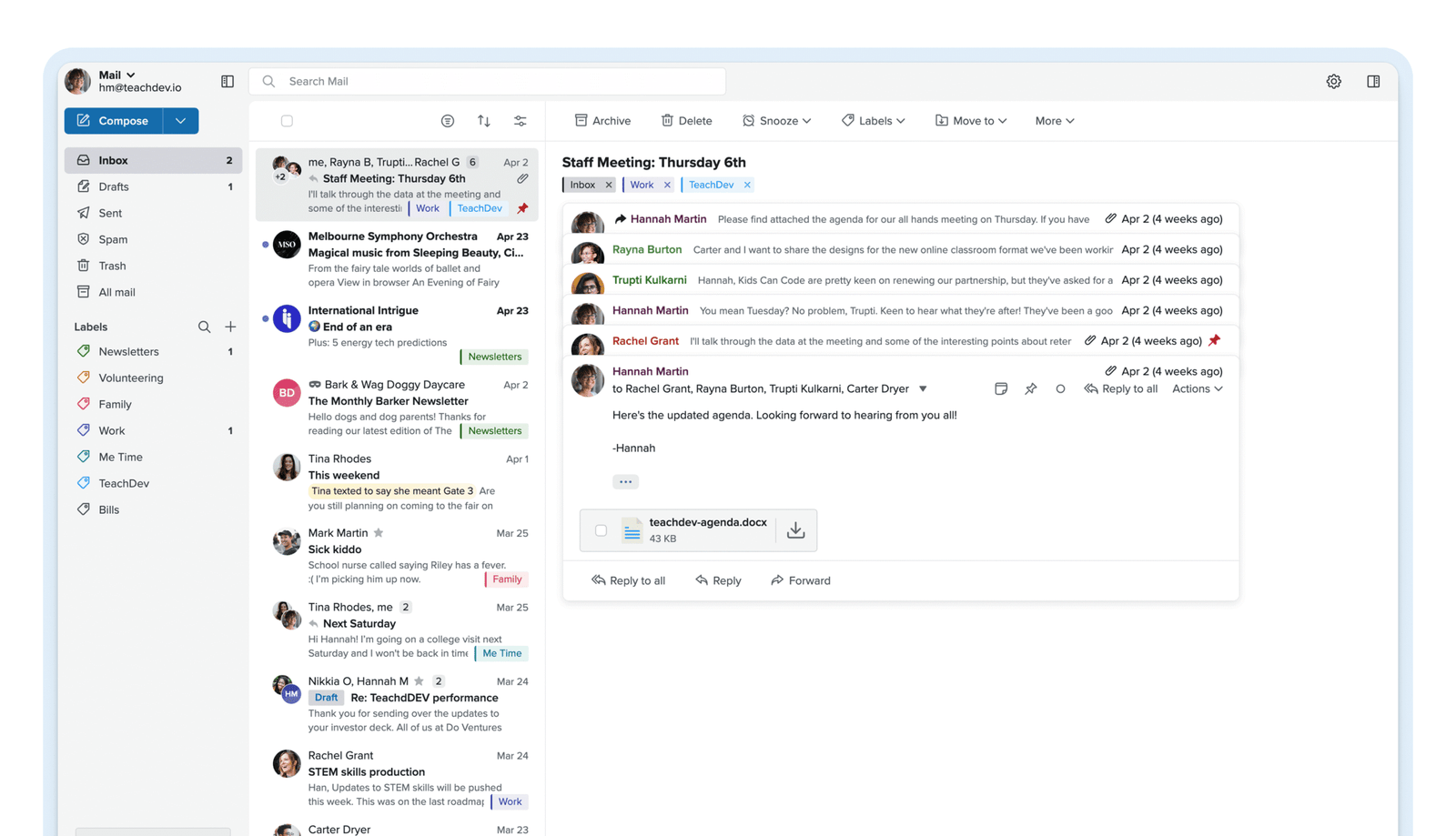 Fastmail inbox interface showing the message list, folders and search
